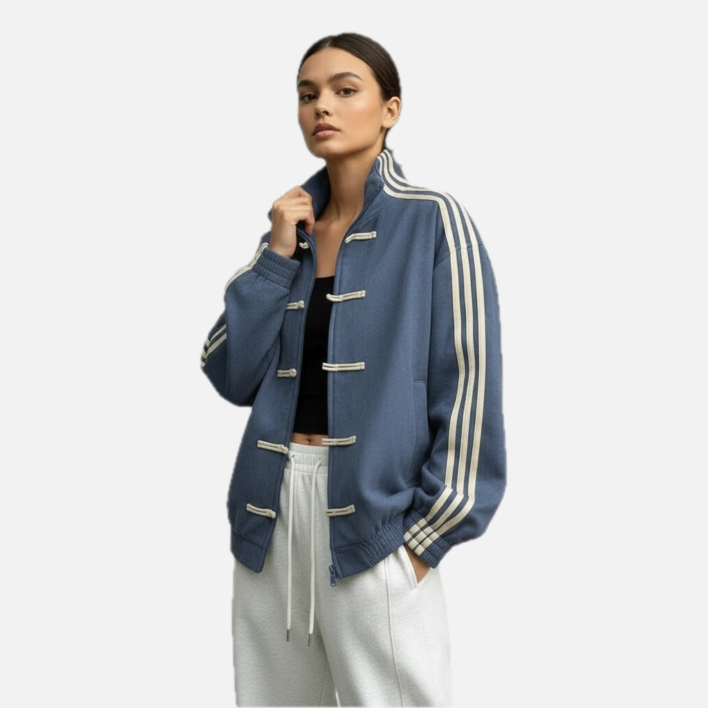 Women's Track Jacket with Button Loops and Contrast Stripes