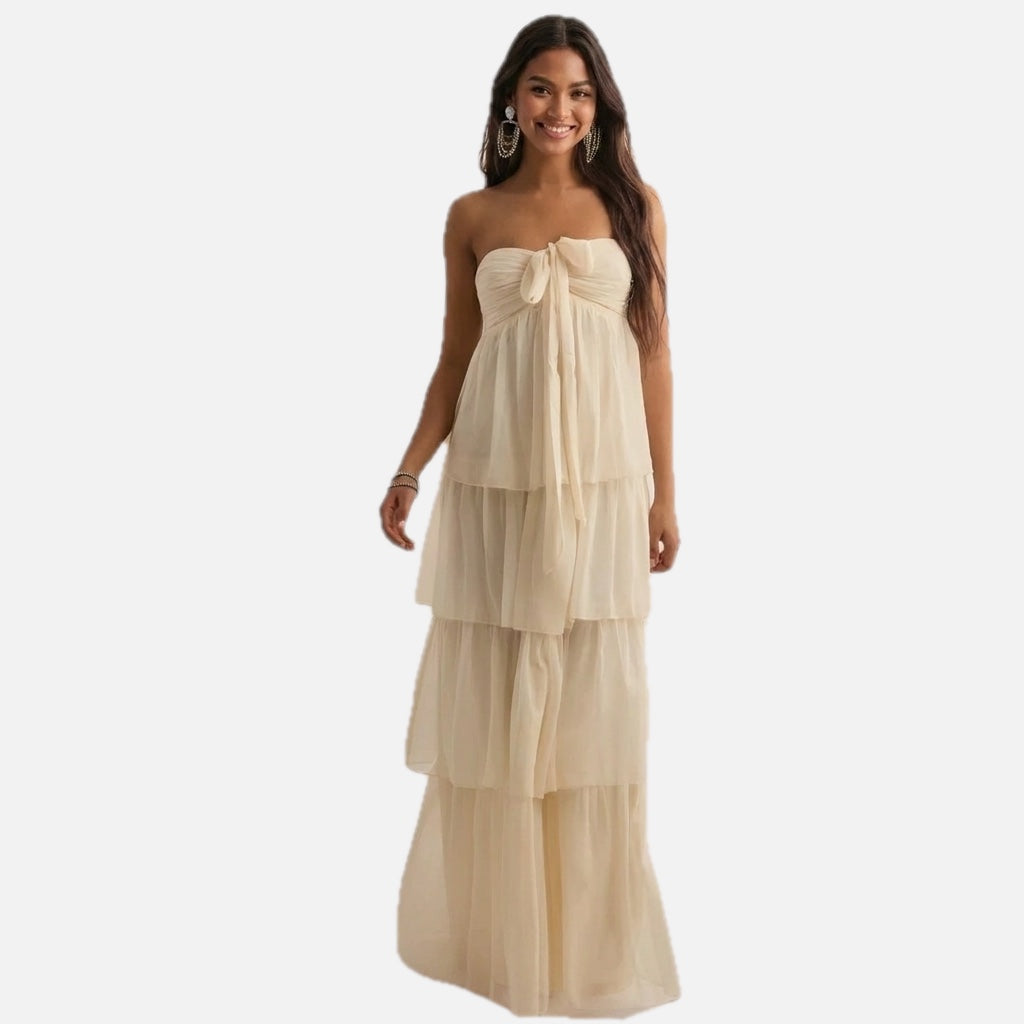 Women's Strapless Maxi Dress with Tiered Skirt and Bow Detail
