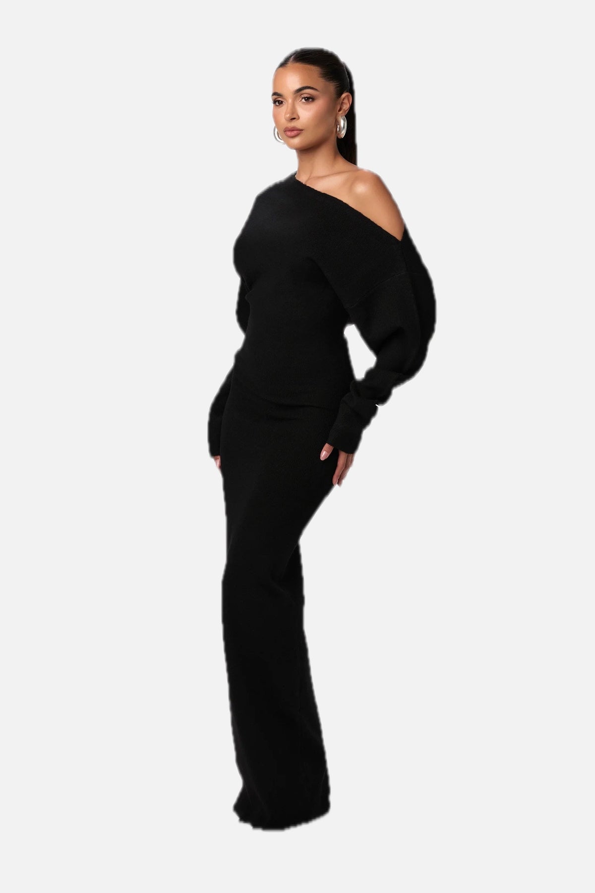 Women's Off Shoulder Knit Maxi Dress with Long Sleeves and Bodycon Fit