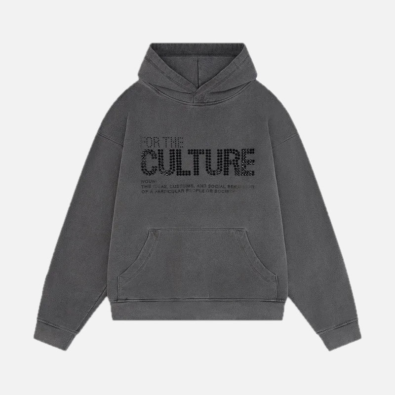 Unisex Hoodie with Rhinestone Statement Text and Relaxed Fit