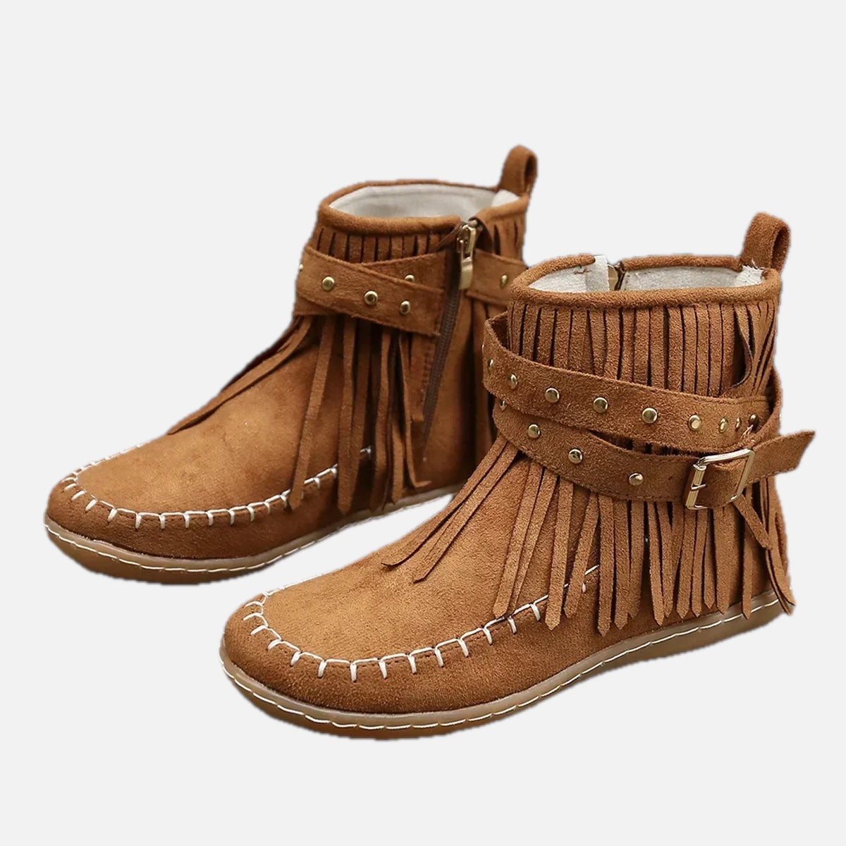 Women's Ankle Boots with Fringe and Studs, Western Boho Style