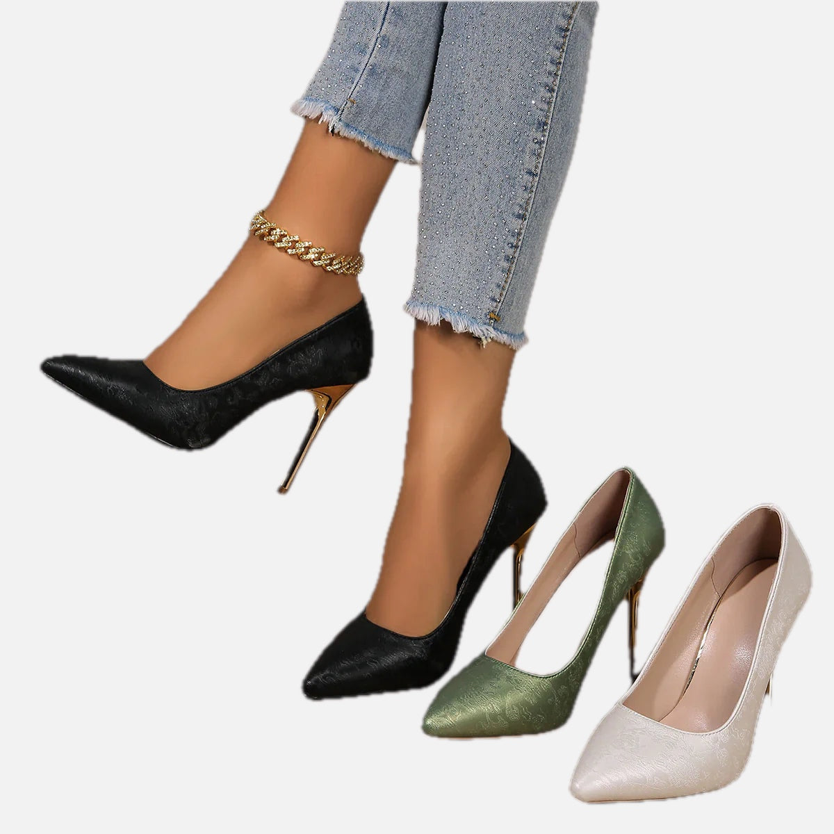 Women's Pointed Toe Pumps with Metallic Heel