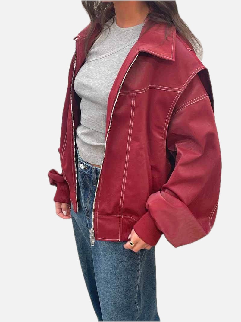 Women's Bomber Jacket with Zip Front and Contrast Stitching