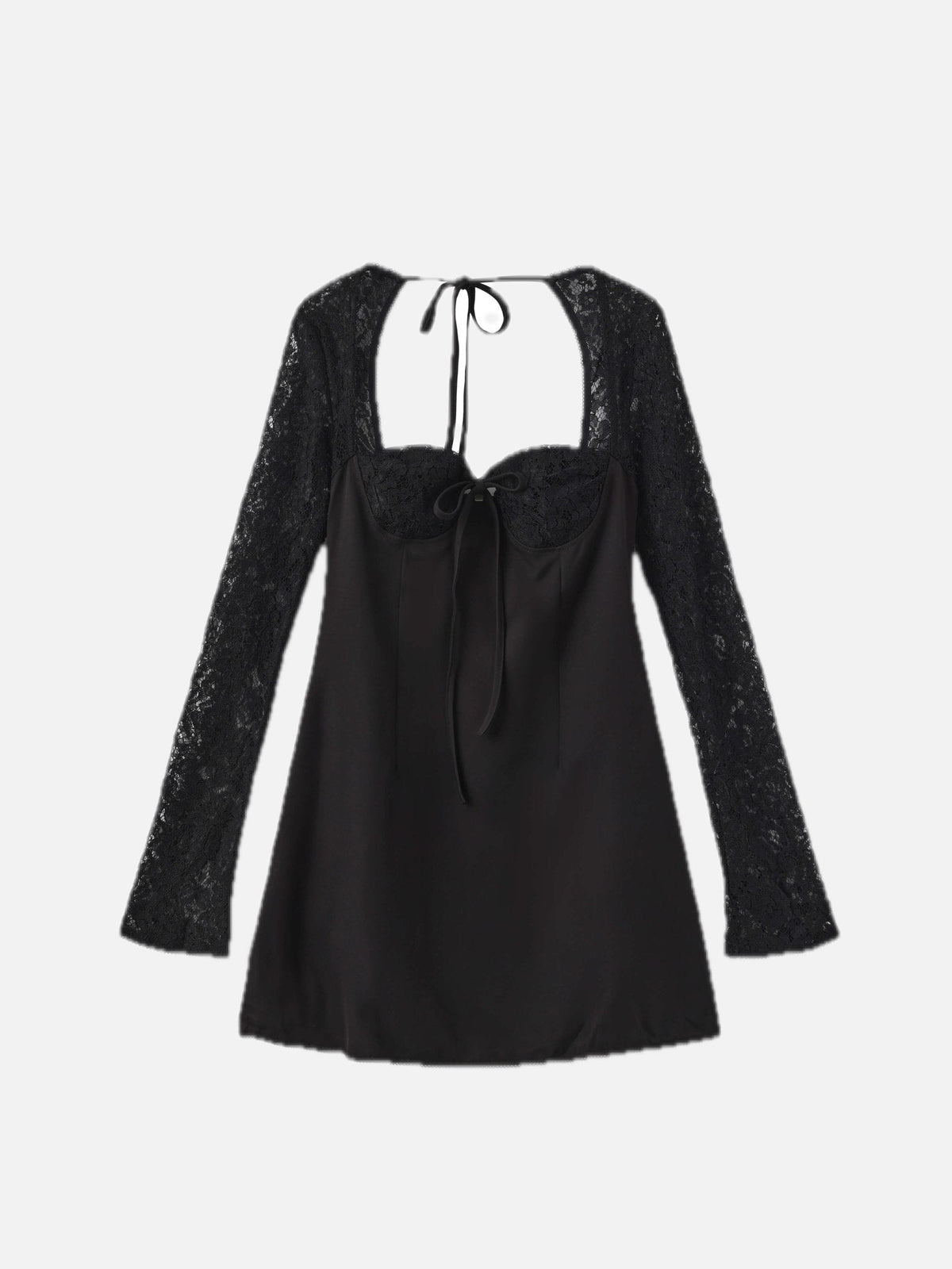 Women's Long Sleeve Mini Dress with Lace Sleeves and Tie Front