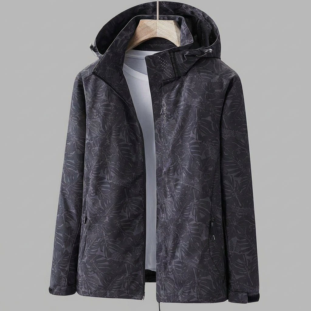 Women's Hooded Rain Jacket with Leaf Print and Zip Pockets - Black
