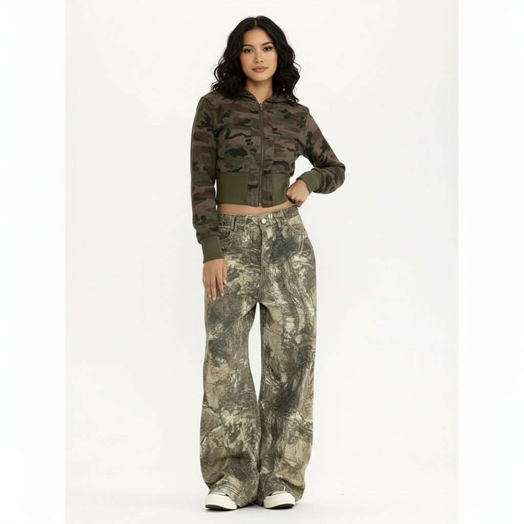 Women's Wide Leg Jeans with Camo Print and Embroidery - 2