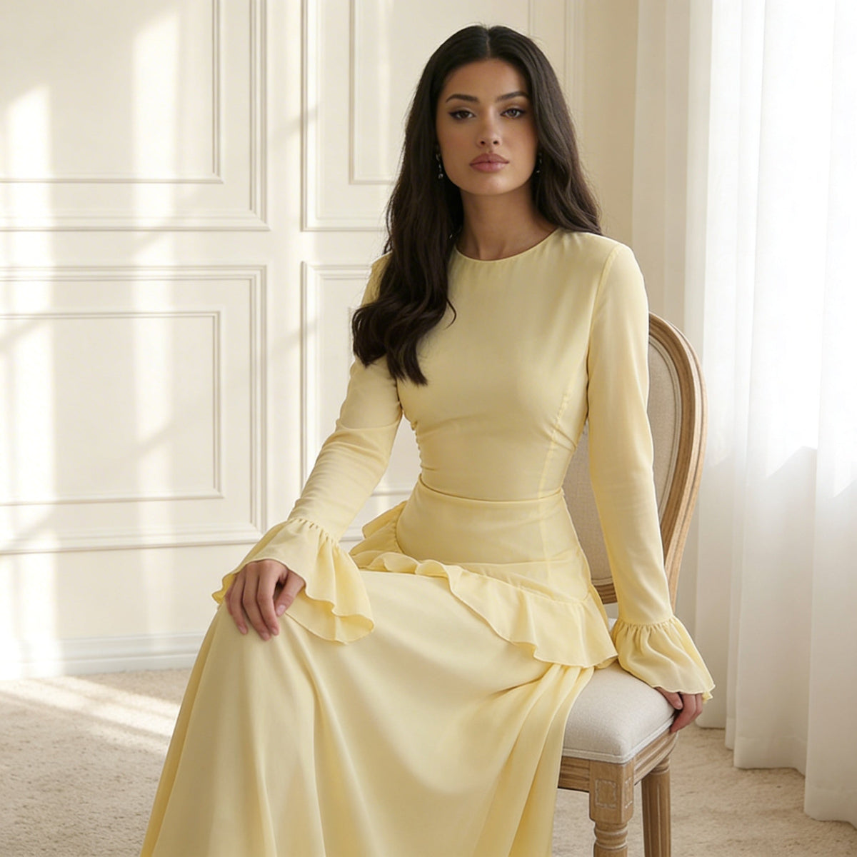 Women's Maxi Dress with Ruffle Detail and Flared Sleeves - 3