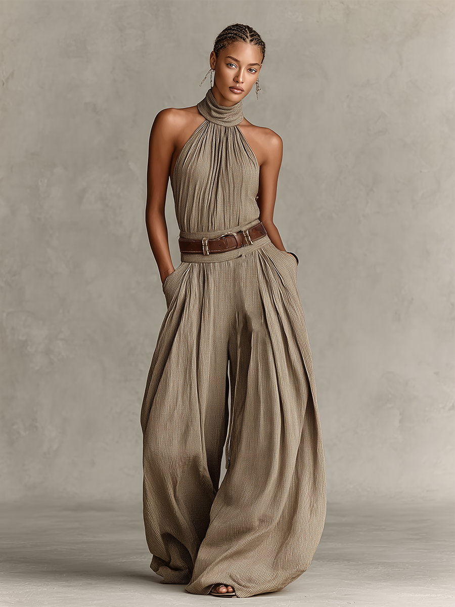 Women's Jumpsuit Sleeveless with Halter Neck and Wide Leg Silhouette - 2