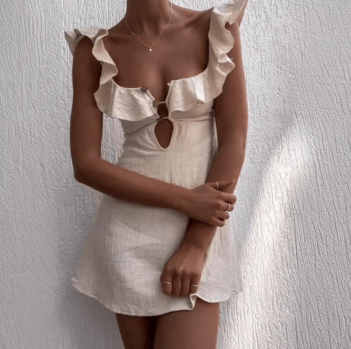 Women's Bohemian Mini Dress with Ruffled Neckline and Cutout Detail - 3
