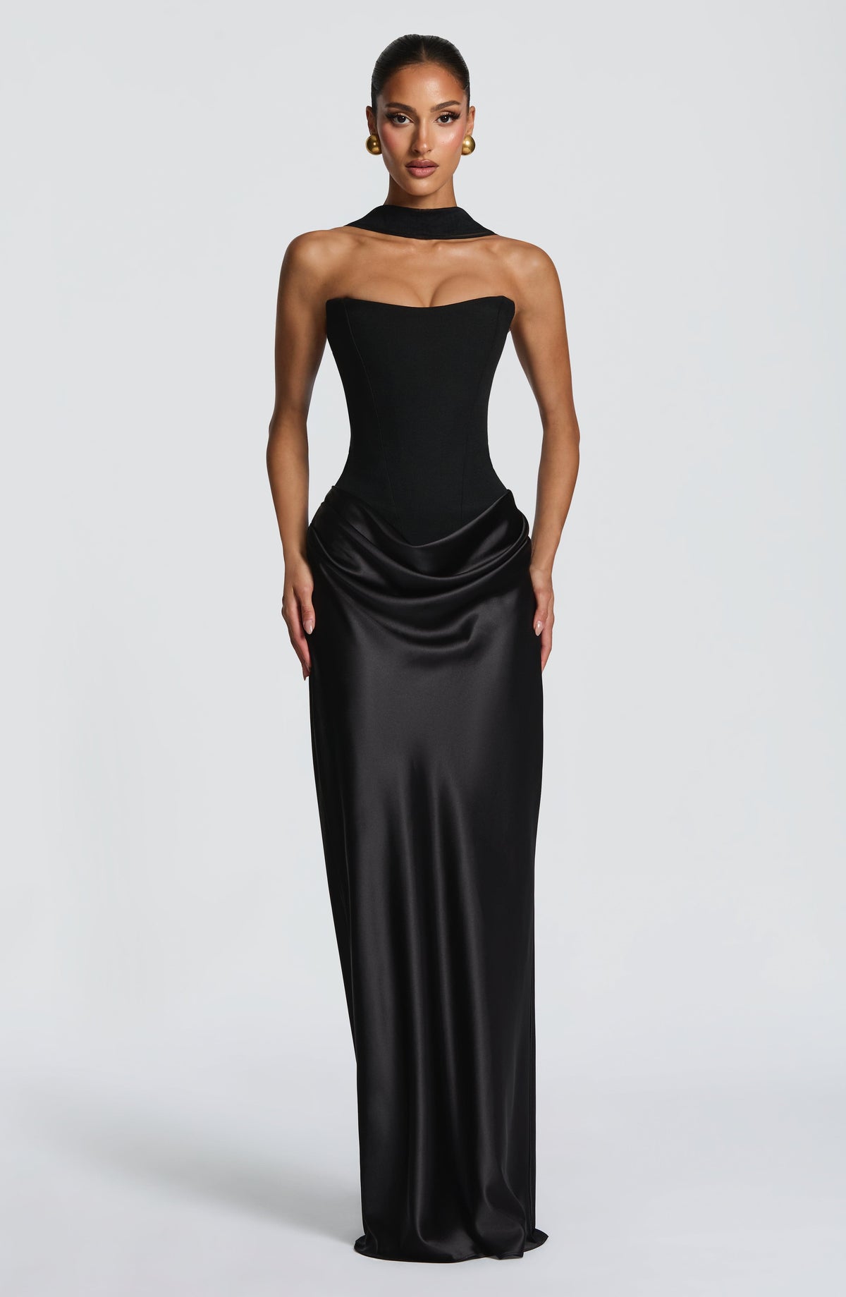 Women's Strapless Maxi Dress with Knot Neckline and Draped Satin Skirt - 2