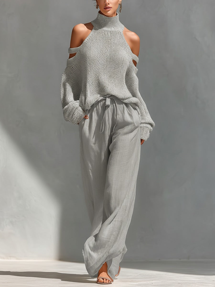 Women's Cold Shoulder Knit Top and Wide Leg Trouser Set - Gray