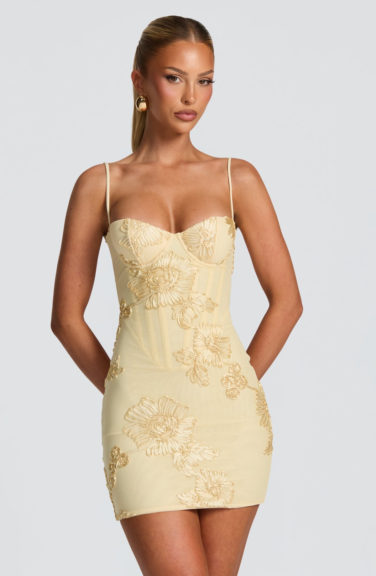 Women's Corset Mini Dress with Floral Appliqué and Thin Straps - 2