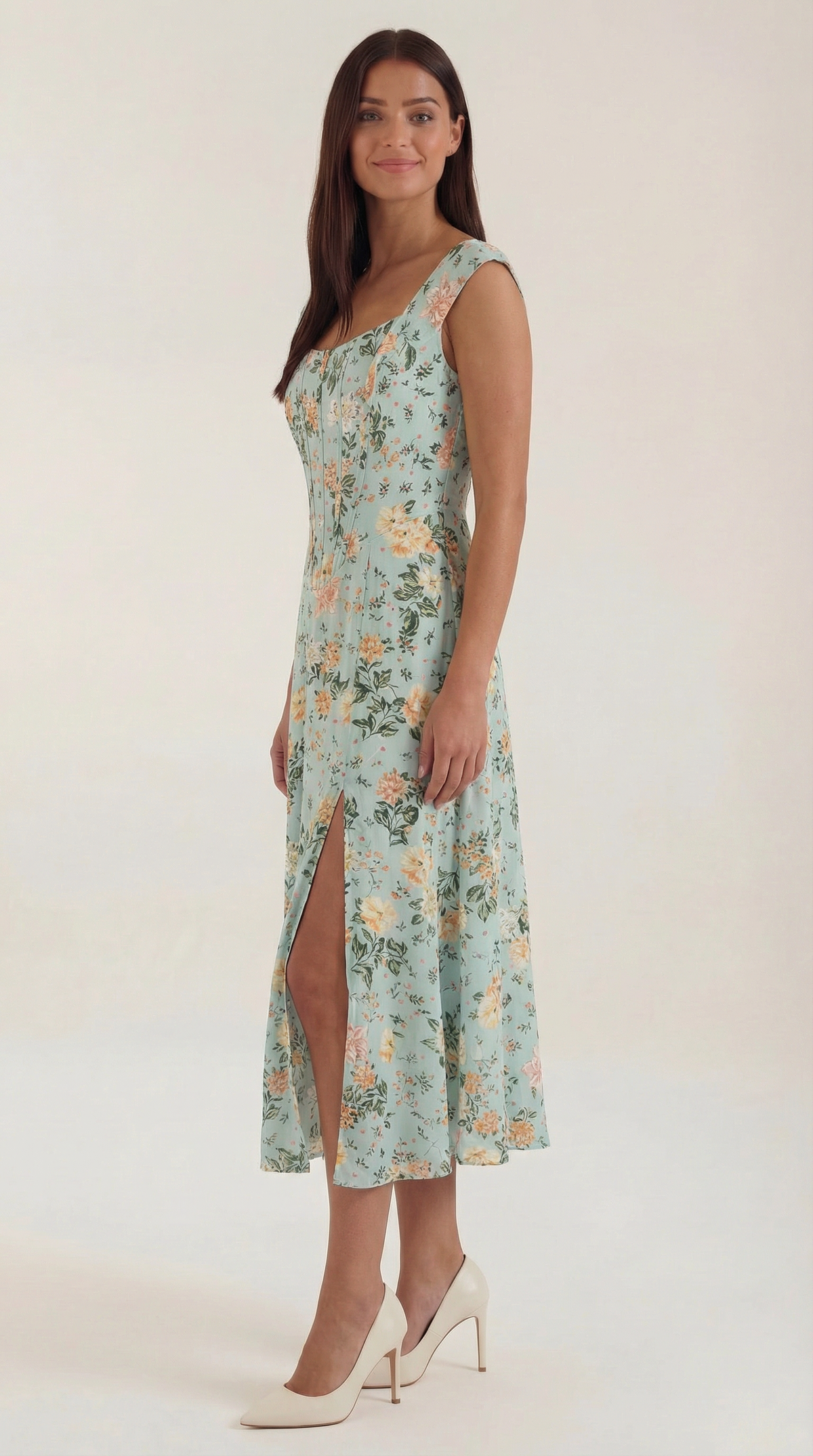 Women's Floral Midi Dress with Adjustable Straps and Corset Seaming - 3