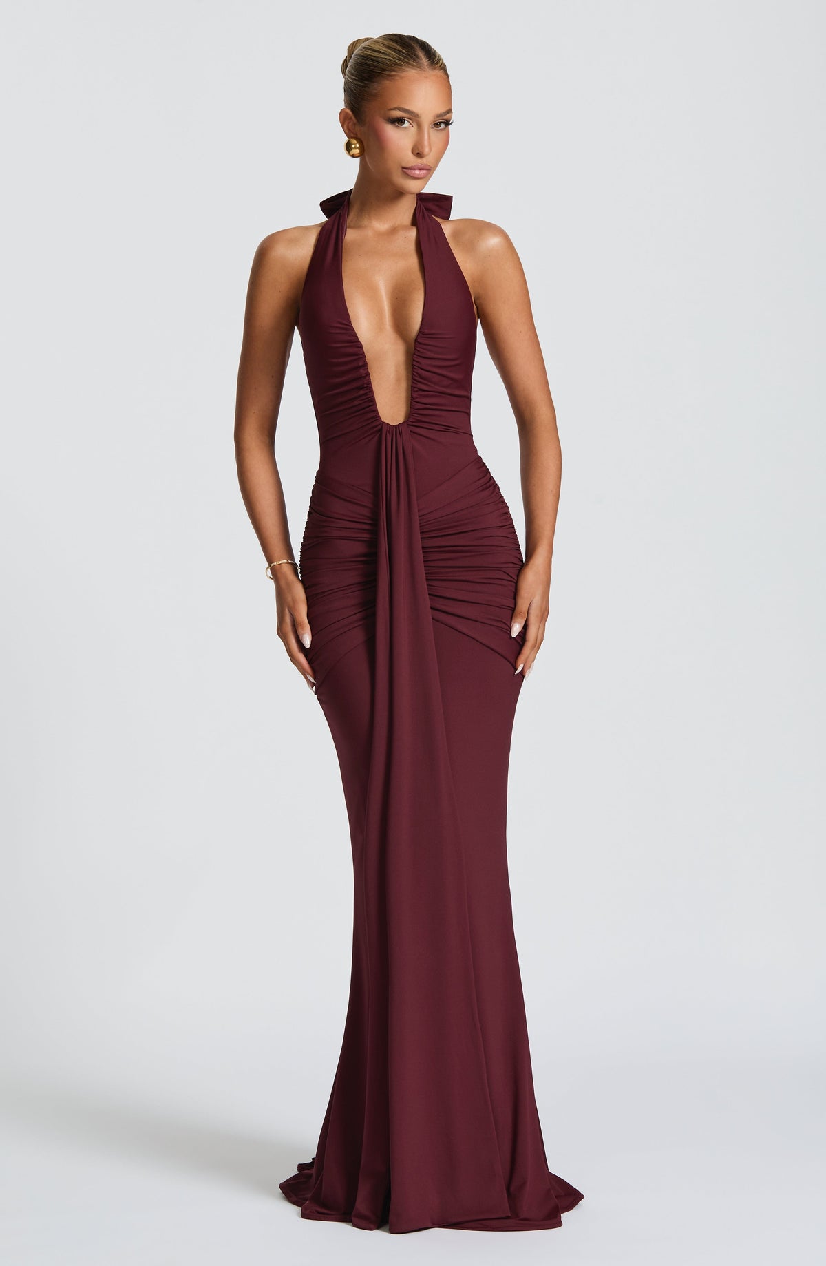 Women's Halterneck Maxi Dress with Draped Front and Train - 2