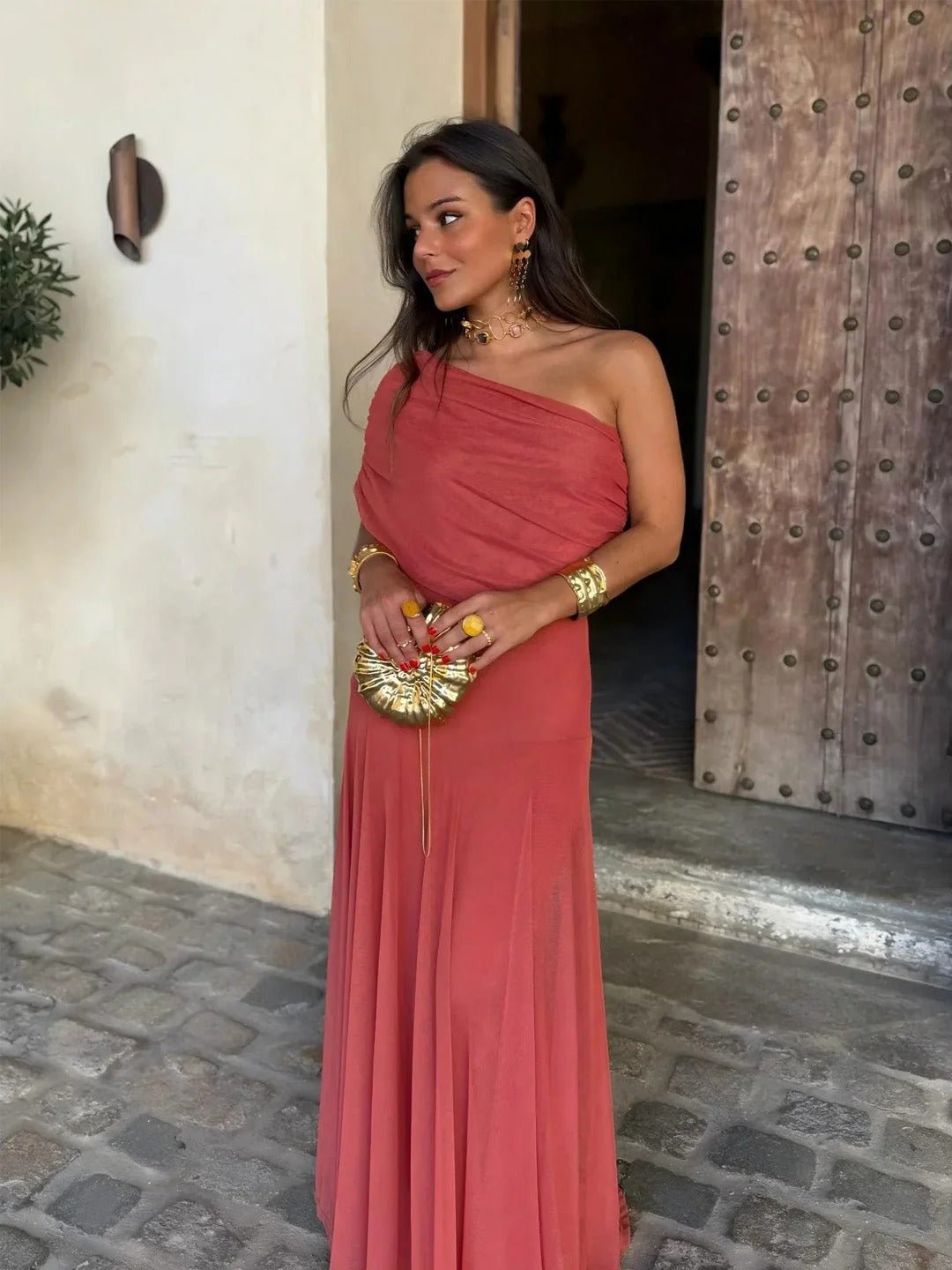 Women's Off-Shoulder Maxi Dress with Ruched Bodice and A-Line Skirt - Red