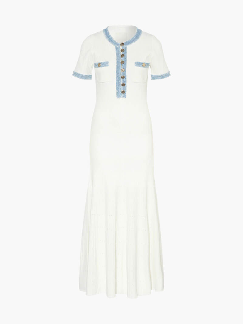 Women's Textured Knit Maxi Dress with Contrast Trim and Button Front - 2