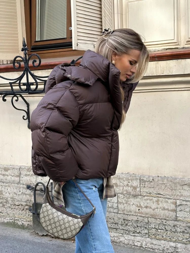 Women's Cropped Puffer Jacket with Hood and Relaxed Fit - Brown