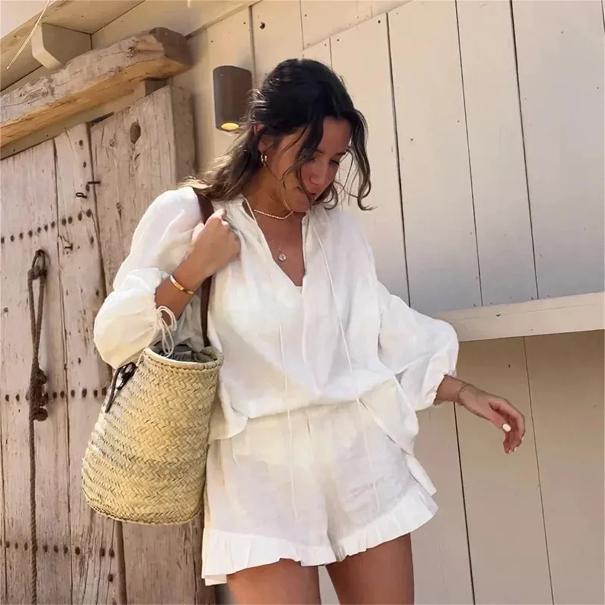 Women's Long Sleeve Blouse and Ruffle Shorts Set - 3
