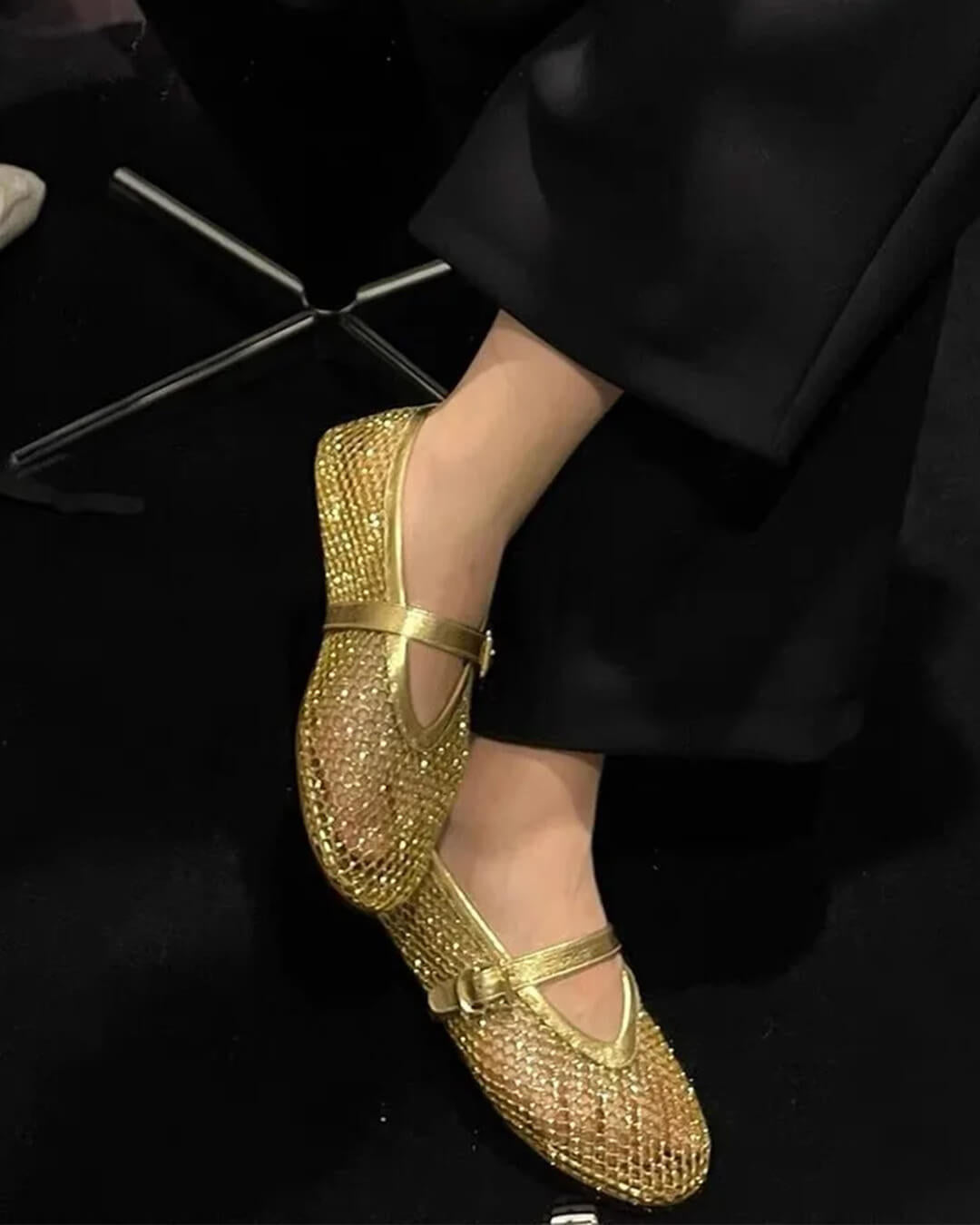 Women's Mesh Ballet Flats with Round Toe and Buckle Strap - Gold