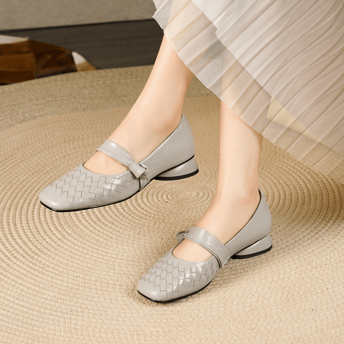 Women's Woven Mary Jane Flats with Bow Strap - Light Grey