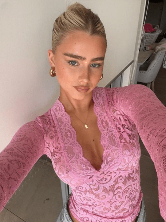 Women's Lace Top with V-Neck and Long Sleeves - Pink