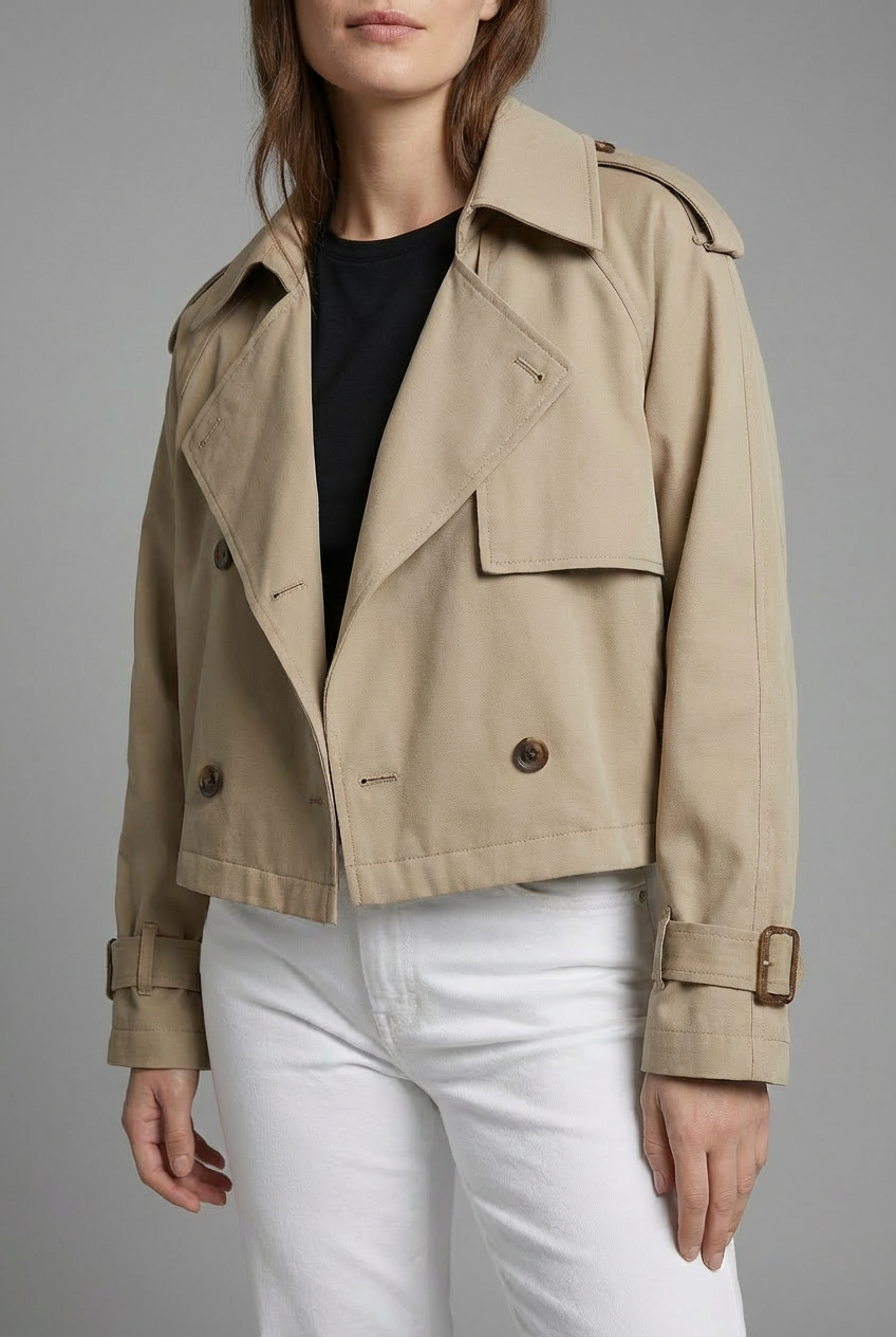 Women's Cropped Trench Coat with Double-Breasted Front and Belted Cuffs - 3