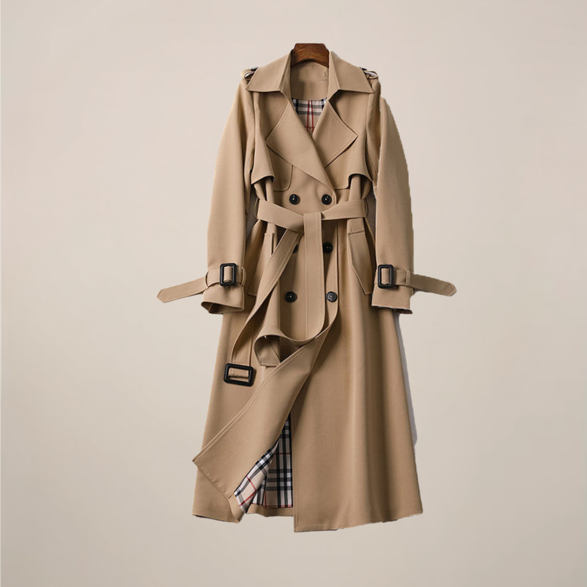 Women's Trench Coat Double Breasted with Belted Waist - Khaki