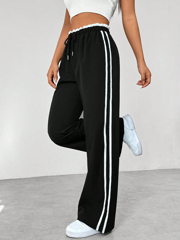 Women's Track Trousers Straight Leg with Side Stripes and Elastic Waistband - Black