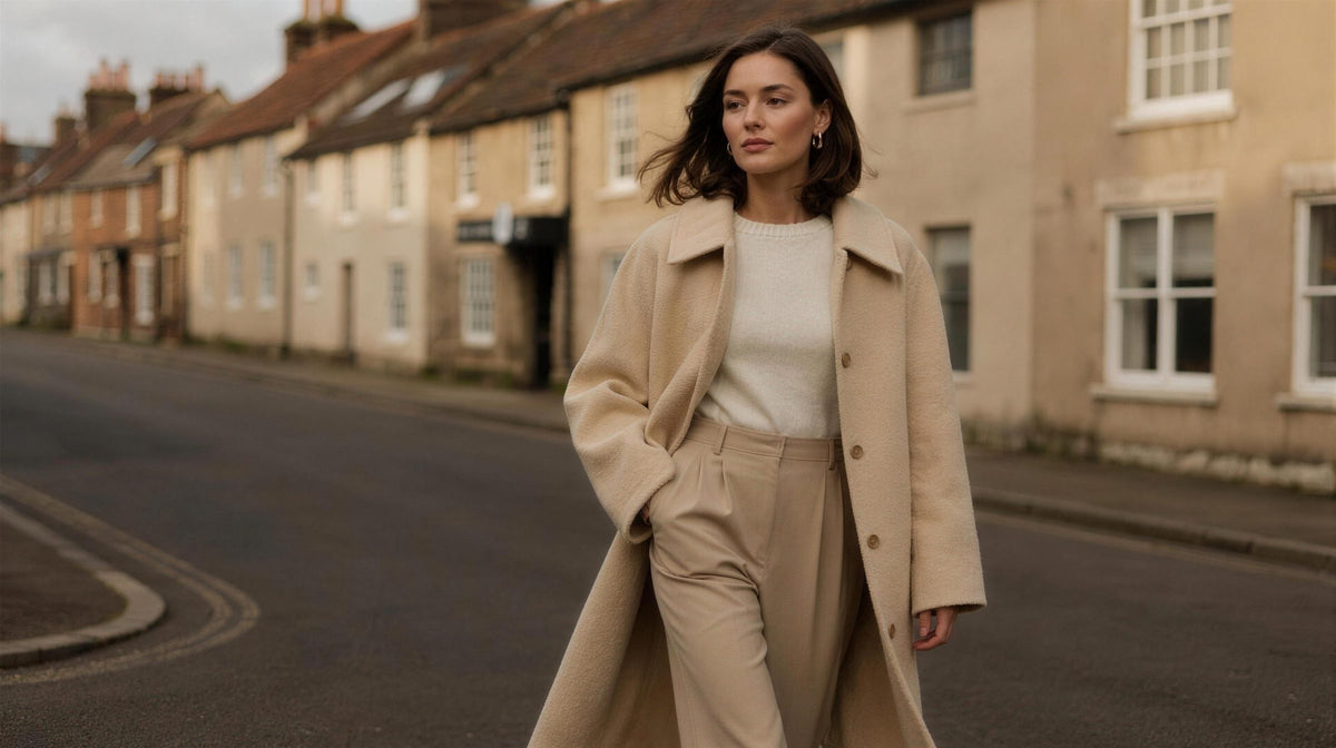 Woman in a camel wool coat and beige wide-leg trousers walking down an English village street