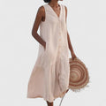 Women's Sleeveless Dress with V-Neck and Button Front - Khaki