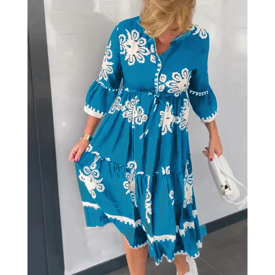 Women's Floral Print Dress with Three-Quarter Sleeves and Tiered Hem - 8