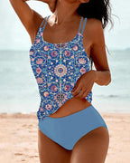 Women's Printed Tankini Swimsuit with Double Strap Detail - Royal Blue