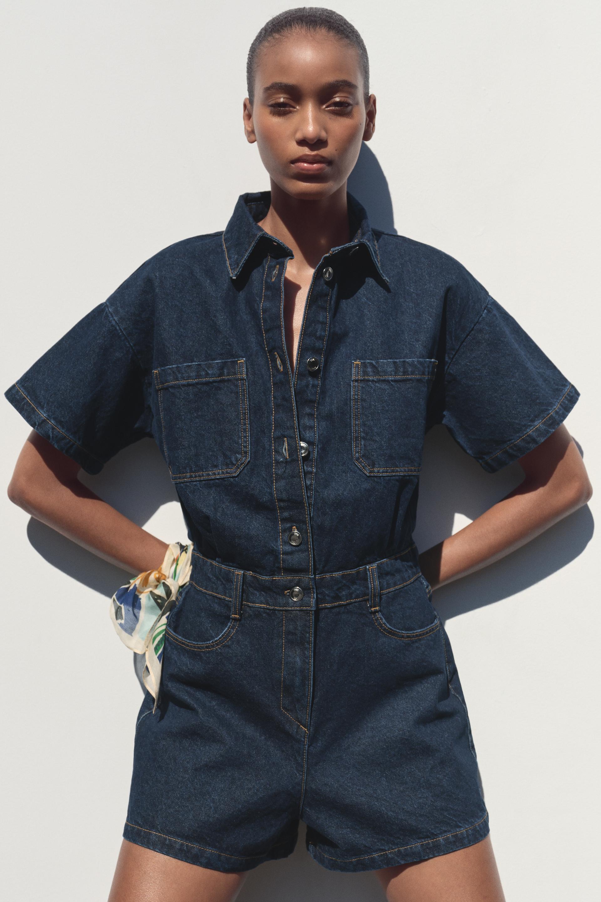 Women's Denim Playsuit with Chest Pockets and Button Front - 12