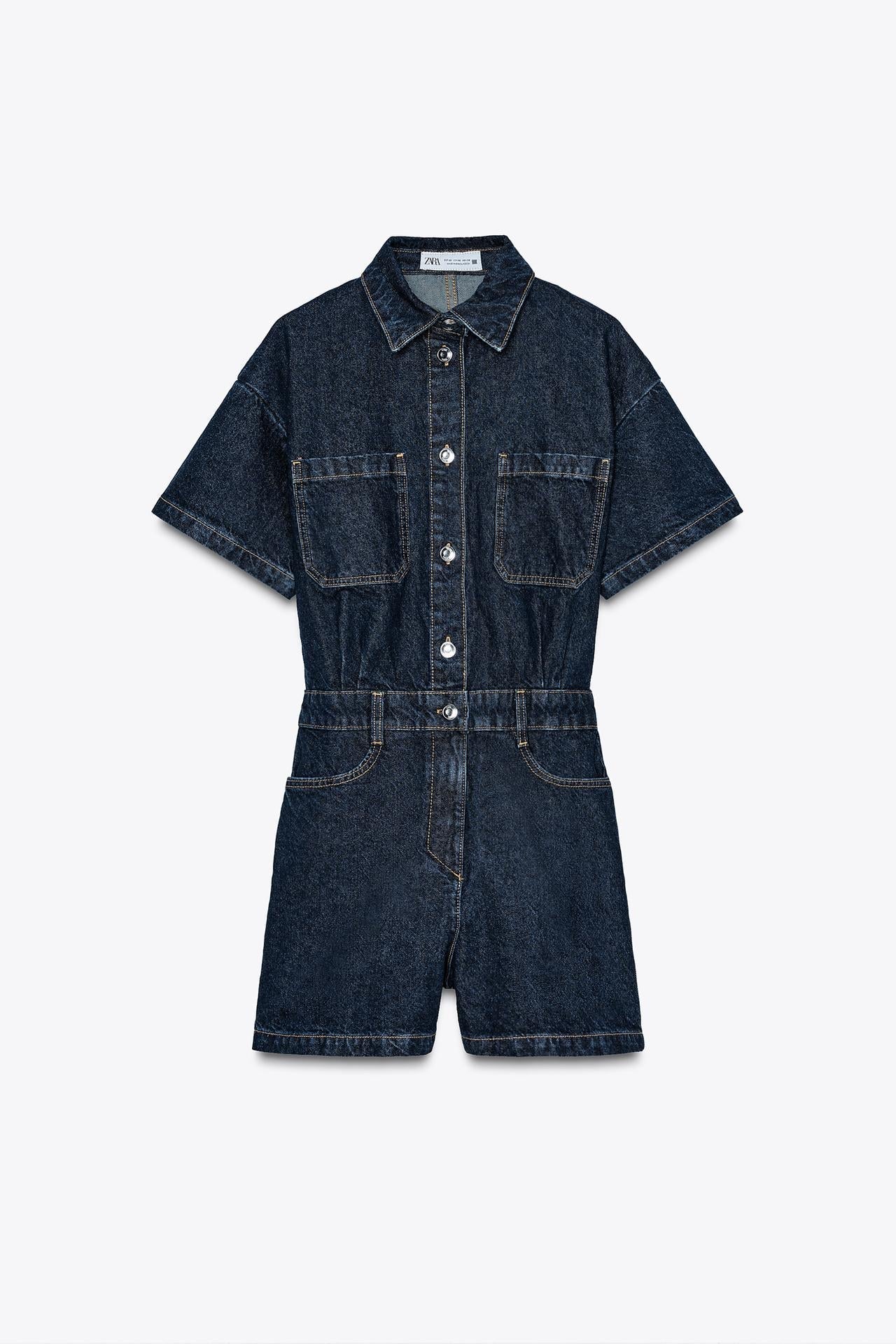 Women's Denim Playsuit with Chest Pockets and Button Front - Dark Blue