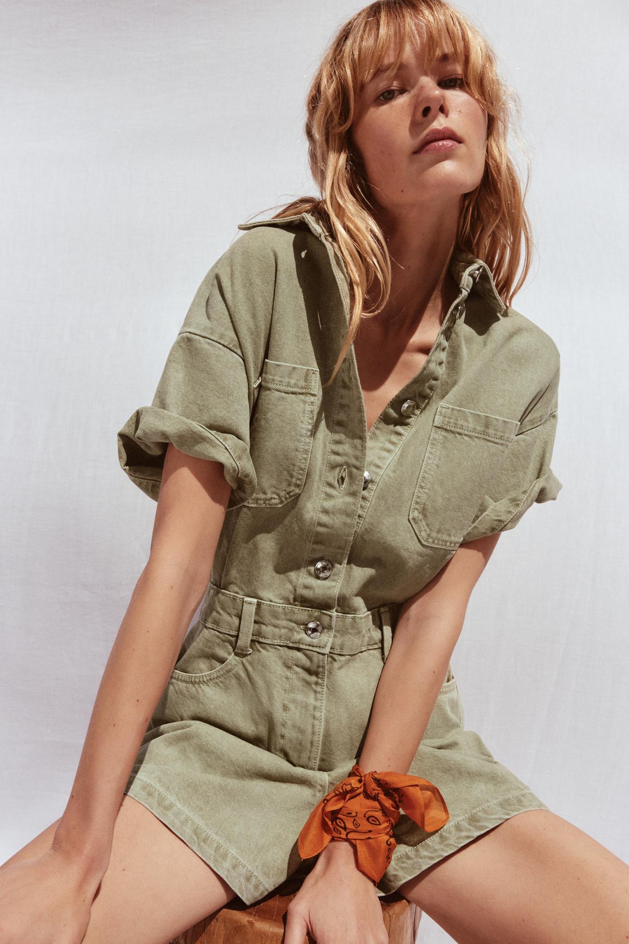 Women's Denim Playsuit with Chest Pockets and Button Front - 2