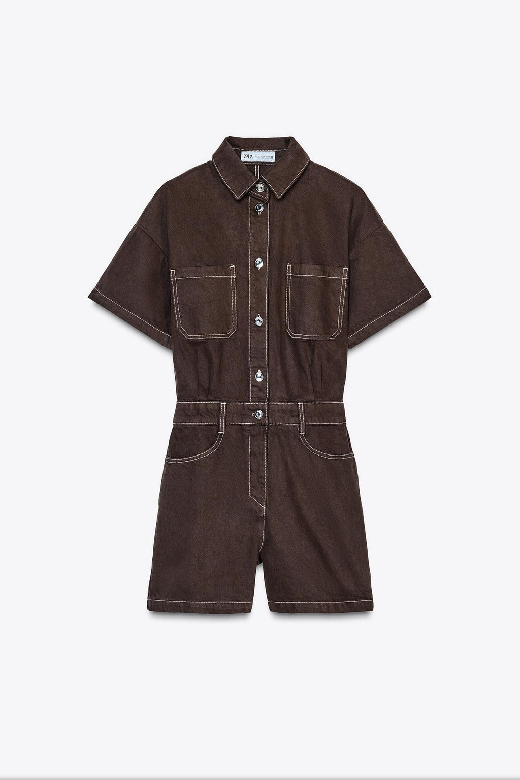 Women's Denim Playsuit with Chest Pockets and Button Front - Brown