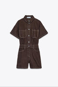 Women's Denim Playsuit with Chest Pockets and Button Front - Brown