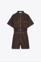 Women's Denim Playsuit with Chest Pockets and Button Front - Brown