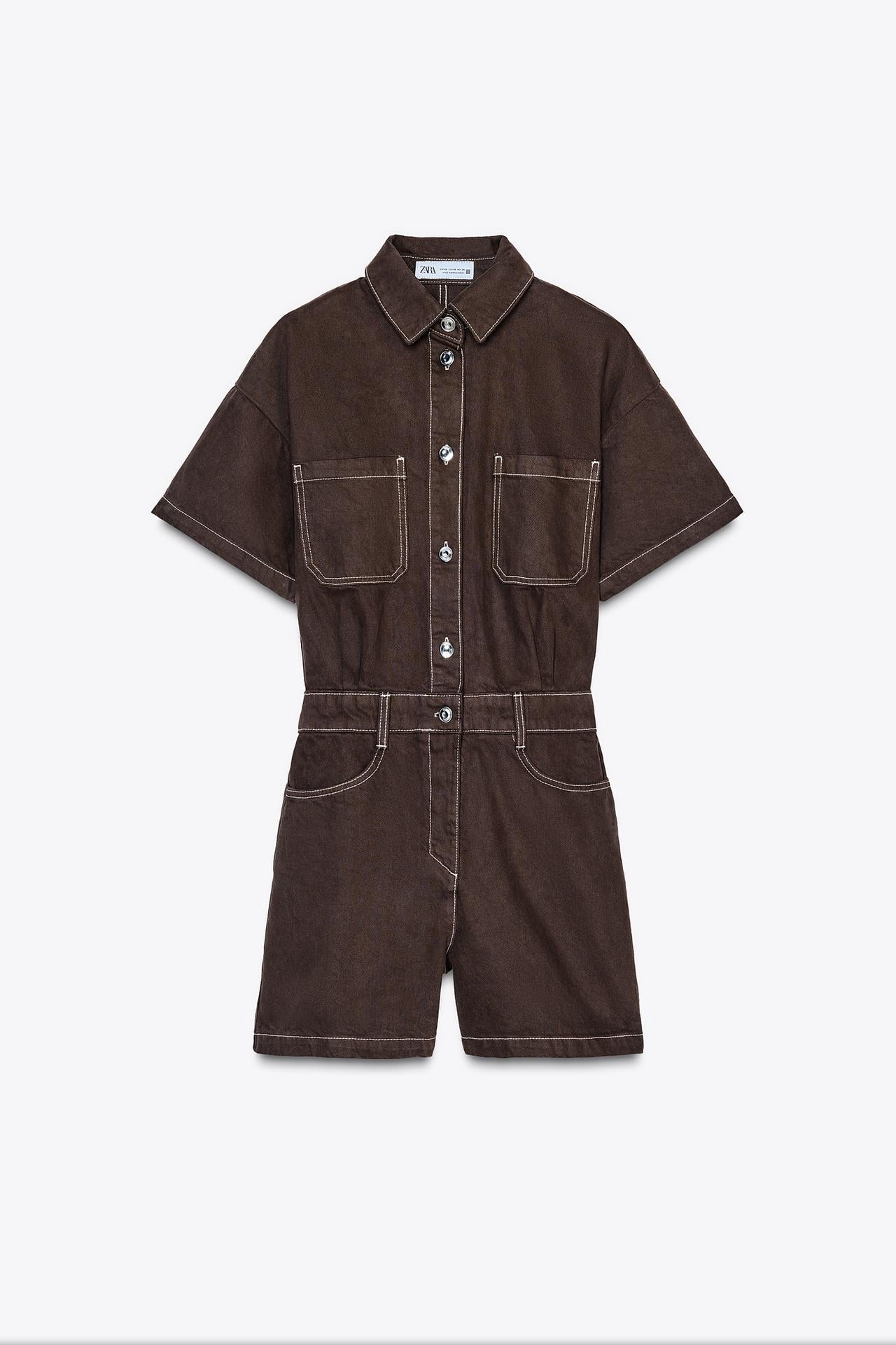 Women's Denim Playsuit with Chest Pockets and Button Front - Brown