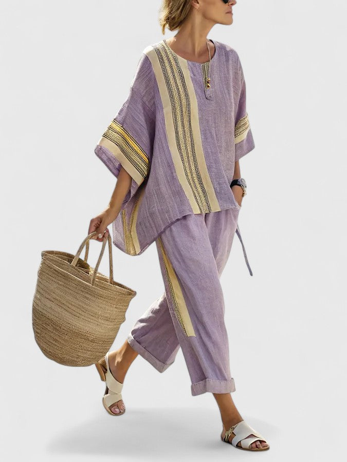 Women's Two-Piece Set with Striped Trim and Wide Sleeves - Purple