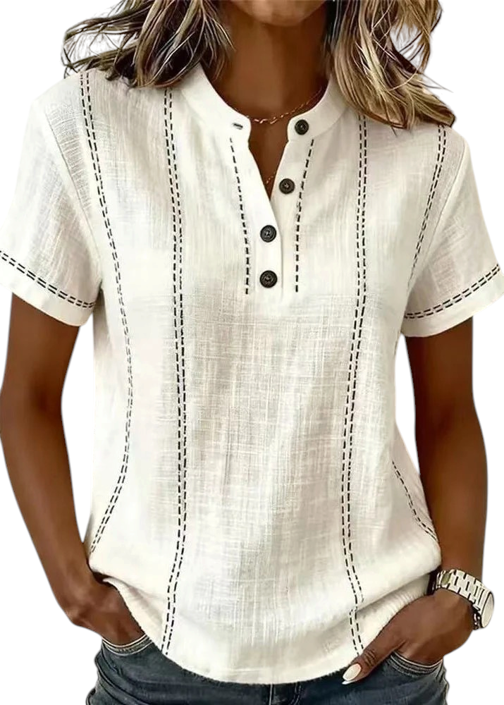 Women's Short Sleeve Blouse with Mandarin Collar and V-Neck Button Front
