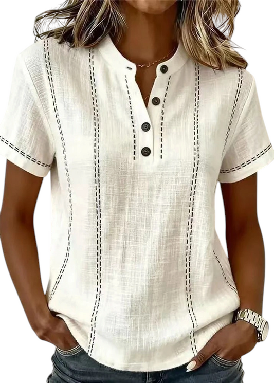 Women's Short Sleeve Blouse with Mandarin Collar and V-Neck Button Front