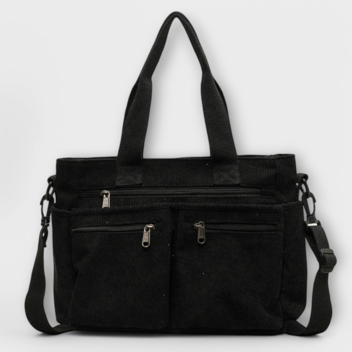 Women's Tote Bag with Multiple Pockets and Top Handles - Black