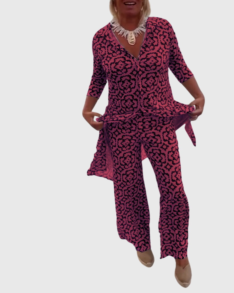 Women's Two-Piece Set Printed Longline Shirt with Wide-Leg Trousers - 12