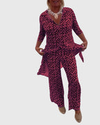 Women's Two-Piece Set Printed Longline Shirt with Wide-Leg Trousers - 12