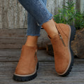 Women's Ankle Boots with Side Zip and Chunky Sole - Brown