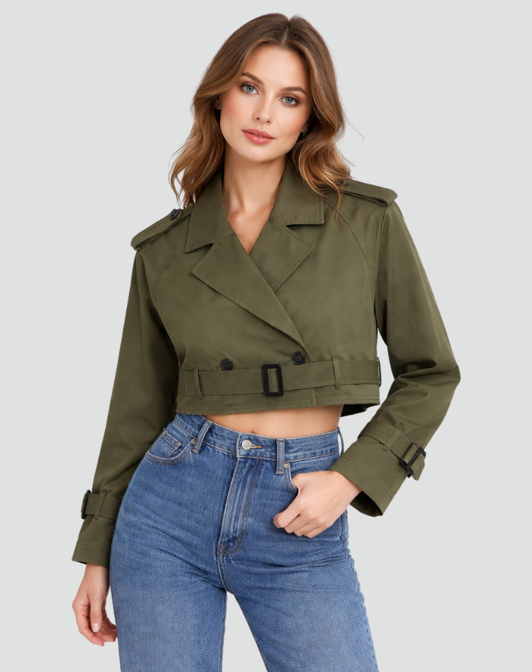 Women's Cropped Trench Coat with Belted Waist and Double-Breasted Front - 4