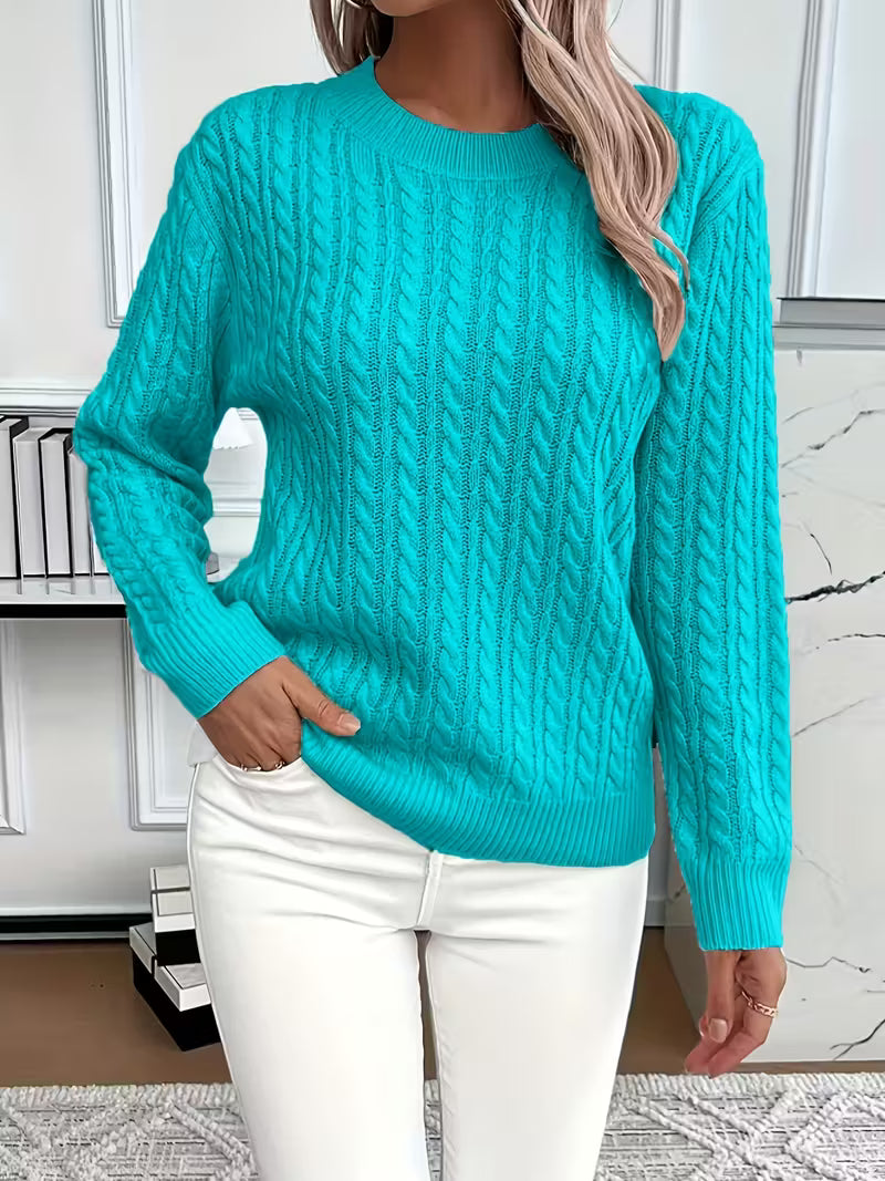 Women's Jumper Cable-Knit Long Sleeve Round Neck - Blue