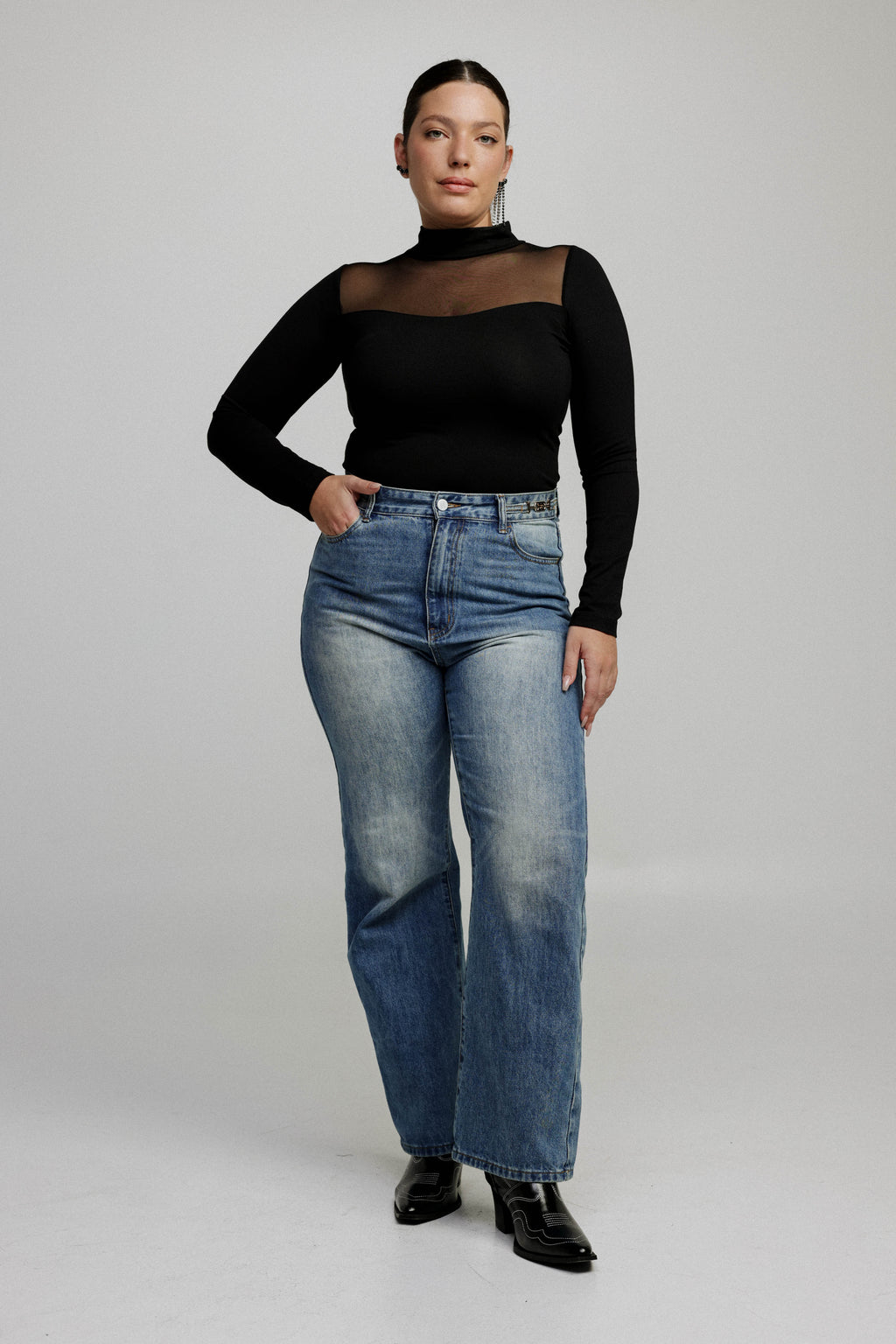 Women's Mesh Panel High-Neck Top Long Sleeve Slim Fit - 10