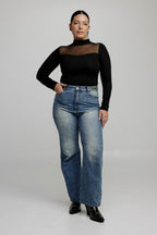Women's Mesh Panel High-Neck Top Long Sleeve Slim Fit - 10